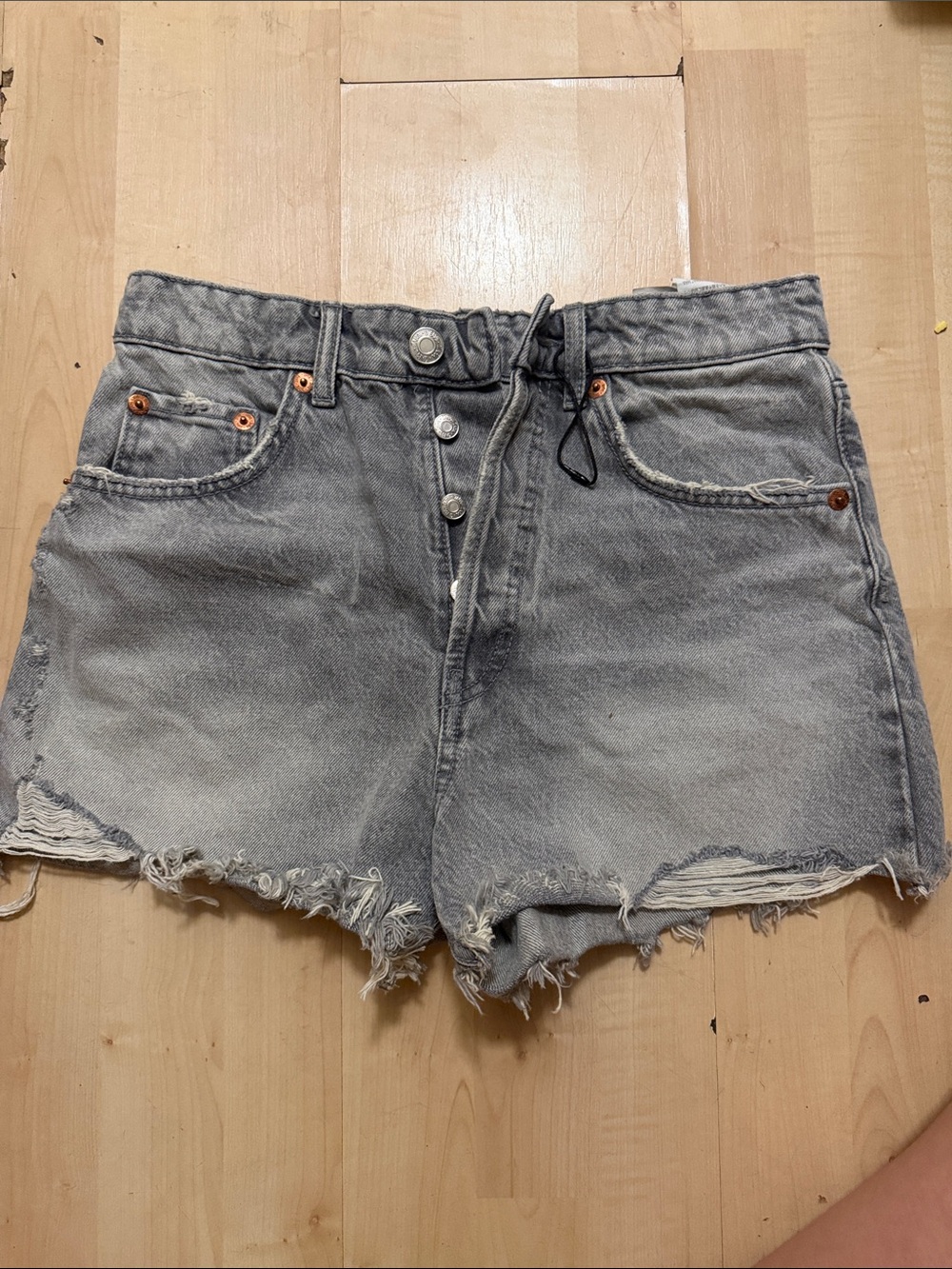 Zara Light Gray Distressed High-Rise Denim Shorts